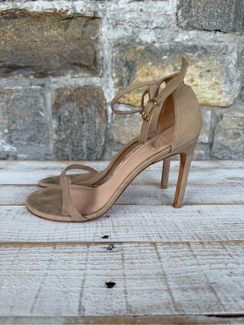 Stuart Weitzman Taupe Open-Toe Ankle-Strap Stiletto Sandals